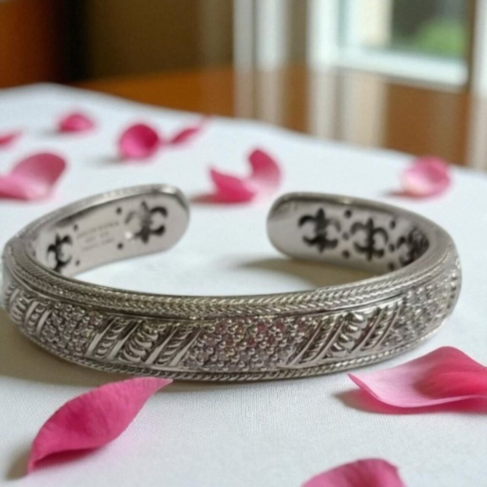 Judith Ripka .925 Sterling Silver Hinged Cuff Bracelet with Diamonique Accent